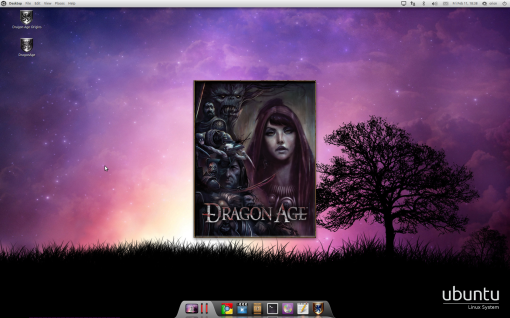Startup screen of Dragon Age on Ubuntu Linux.